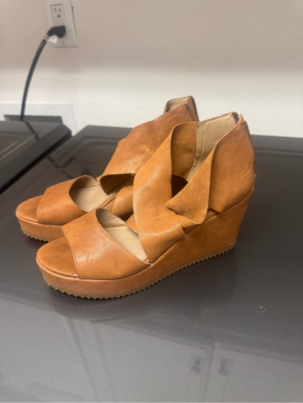 Eileen Fisher Tan Leather Wedge Sandals